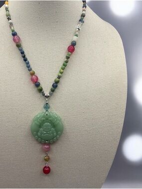 Green Chalcedony Buddha Pendant Beaded Necklace - Multicolor Beads